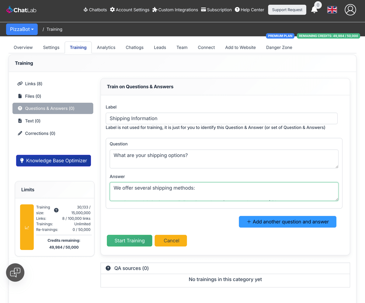 Q&A training form with Markdown in the answer field