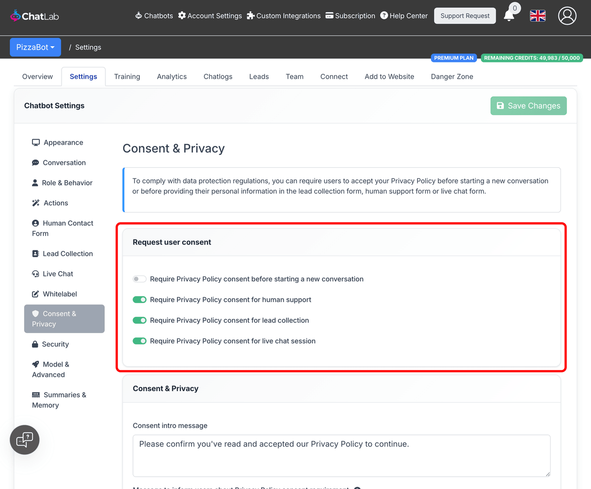 Request user consent card with toggles