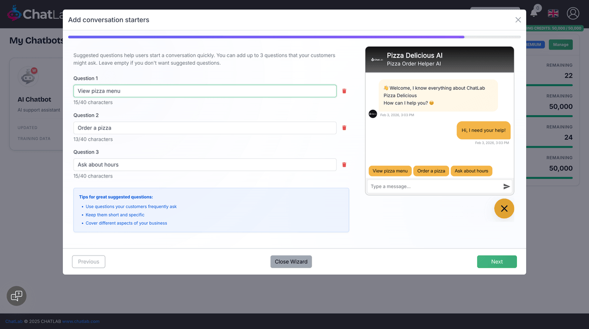 Wizard step 7 - Suggested questions