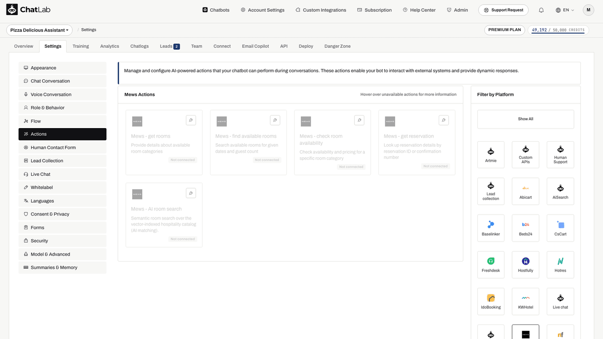 Gruppo Mews Actions in Settings > Actions prima del collegamento dell'integrazione
