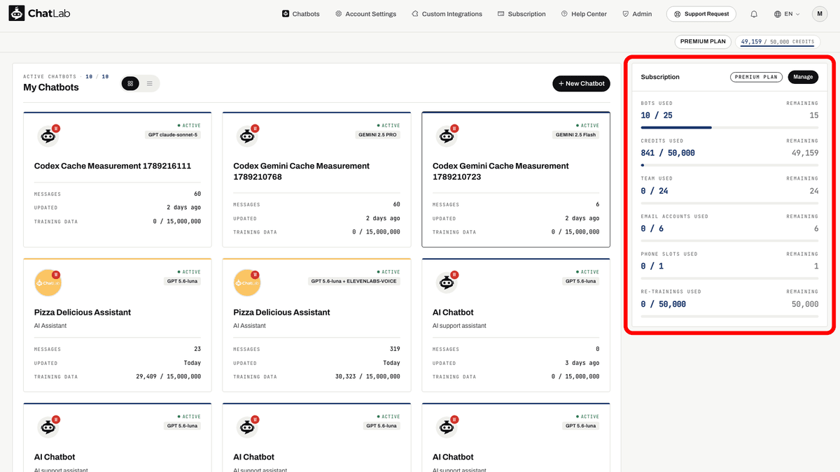 Dashboard with the Subscription usage panel red-boxed