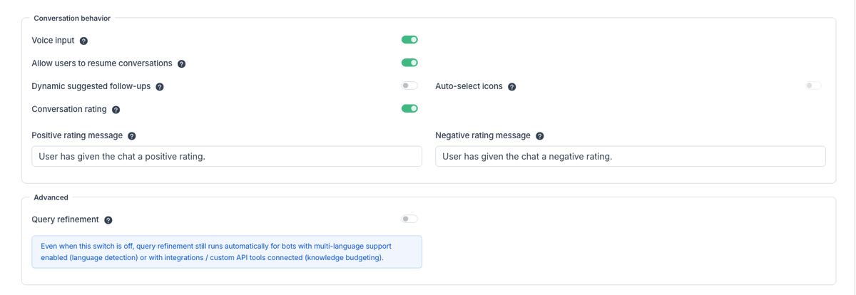 Conversation behavior and Advanced sections|width=60