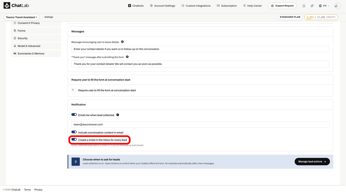 Create a ticket in the Inbox for every lead