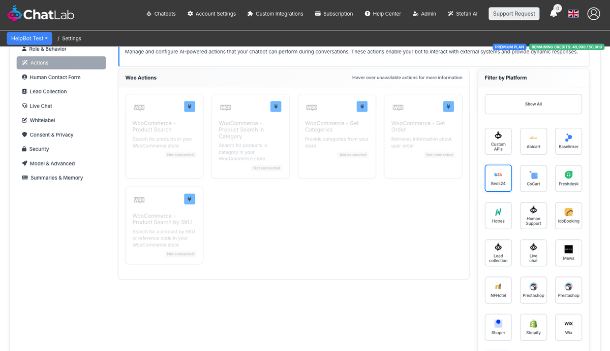 WooCommerce actions in Settings showing all available actions