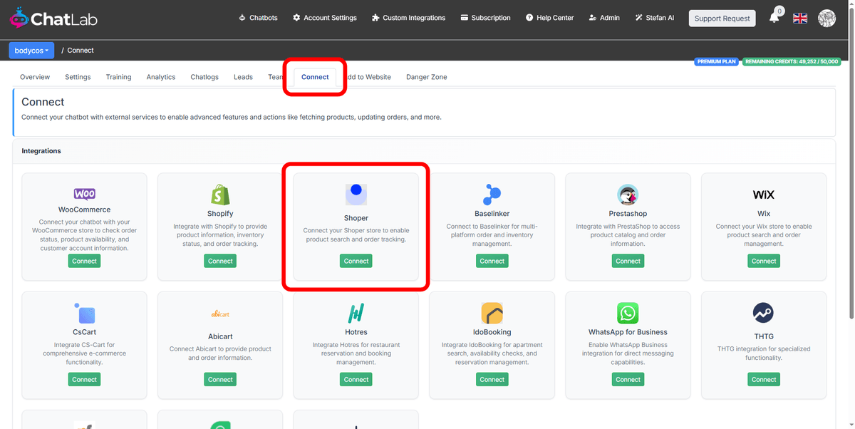 Connect tab showing the Shoper integration tile