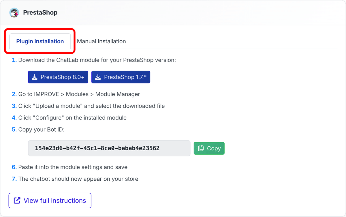 Plugin Installation tab with download buttons and Bot ID