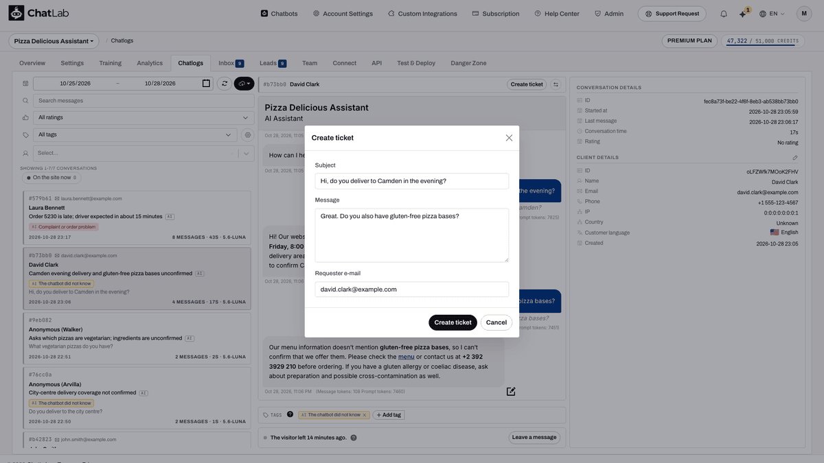 Create ticket dialog