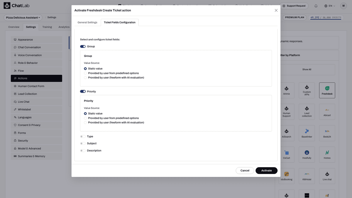 Feldkonfiguration für Create Ticket mit Gruppen- und Prioritätsfeldern