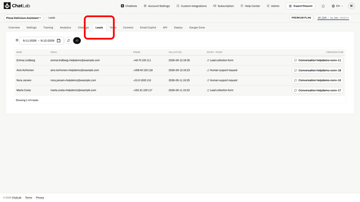 Leads tab with collected leads and the CSV download button highlighted