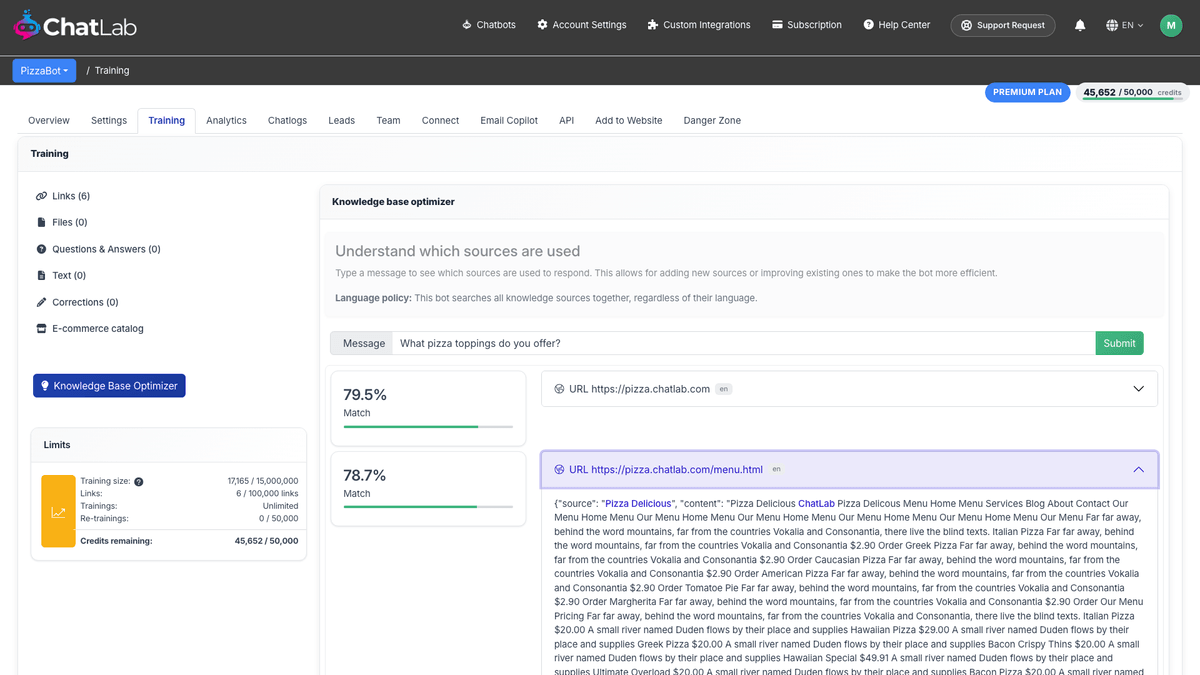 Knowledge Base Optimizer showing ranked results for a test question