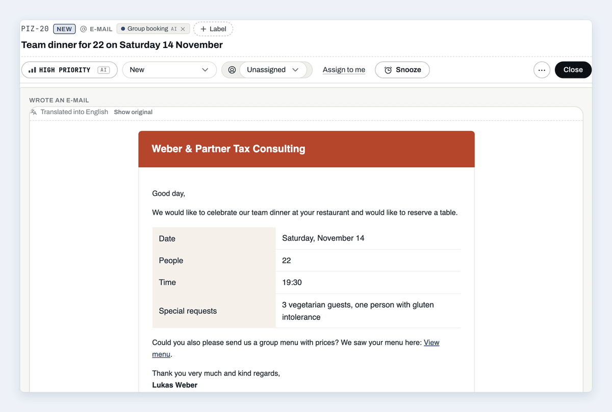 An e-mail translated in place into English, with the original one click away