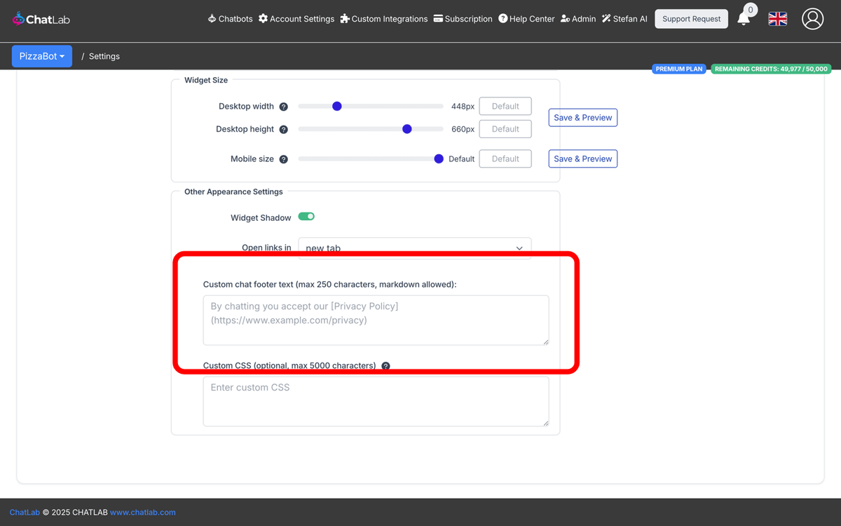 Custom chat footer settings