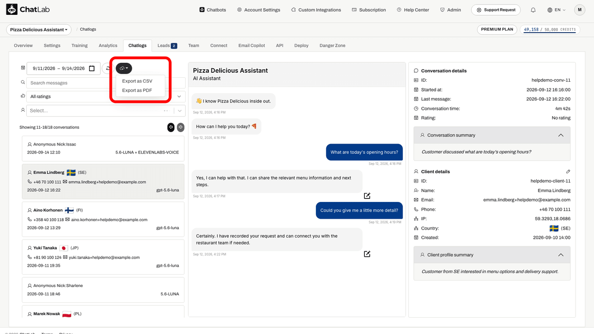 Filter panel with export dropdown showing CSV and PDF options