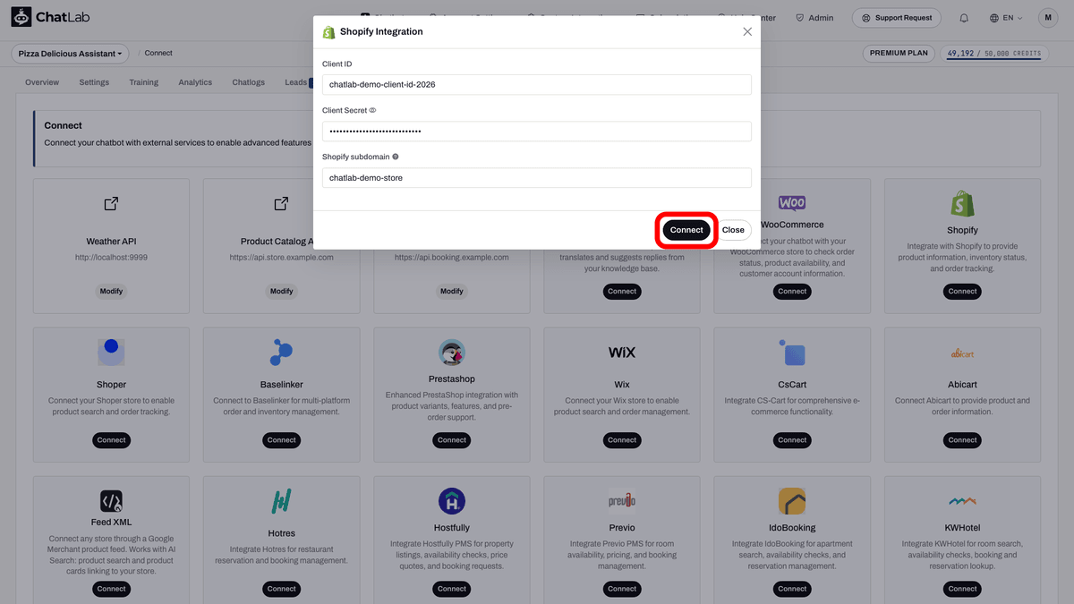 Shopify integration form with Client ID, Secret, and subdomain fields