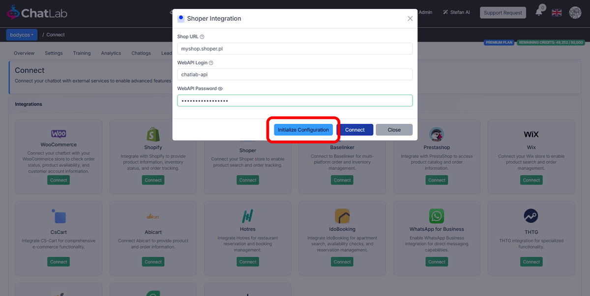 Shoper integration form with shop URL, login, and password fields