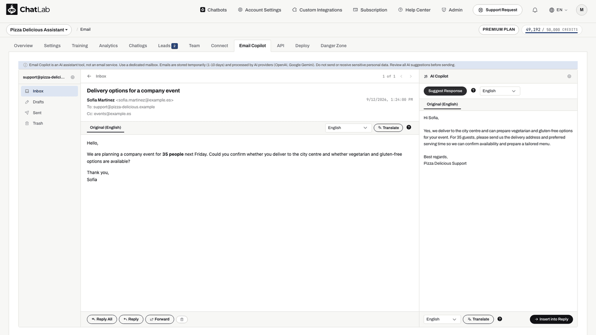 AI Copilot panel with generated suggestion, translation options, and Insert into Reply button|width=40