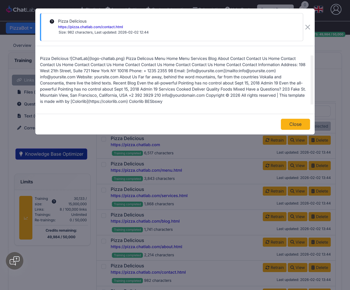 View button showing stored website content with Markdown links