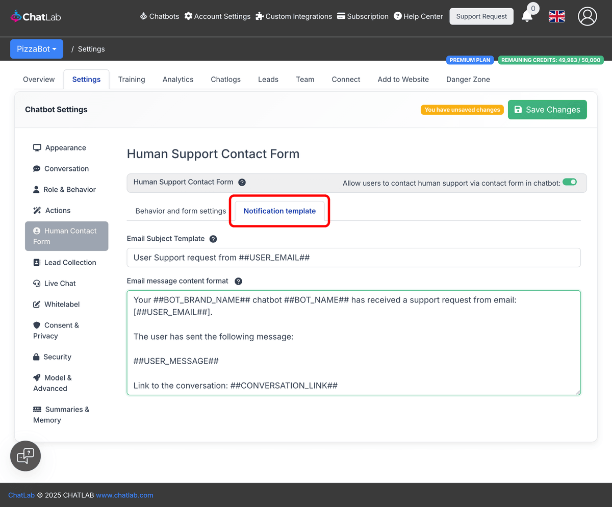 Notification template tab