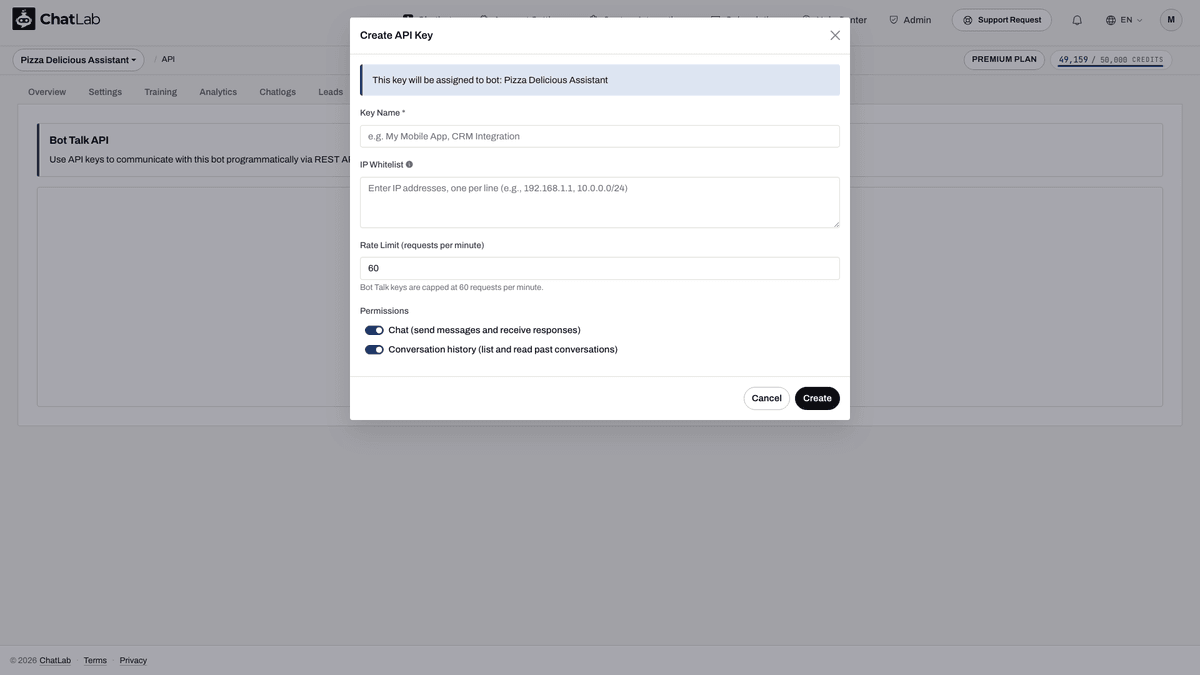 Create API Key penceresi
