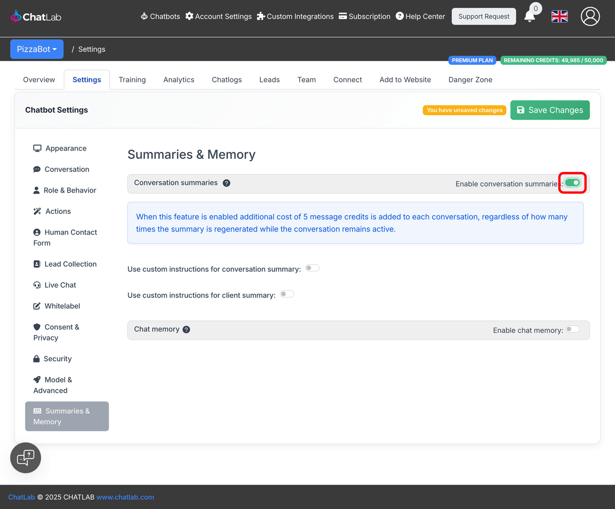 Enable conversation summaries