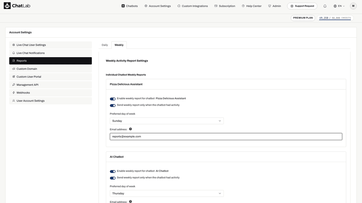 Weekly report configuration