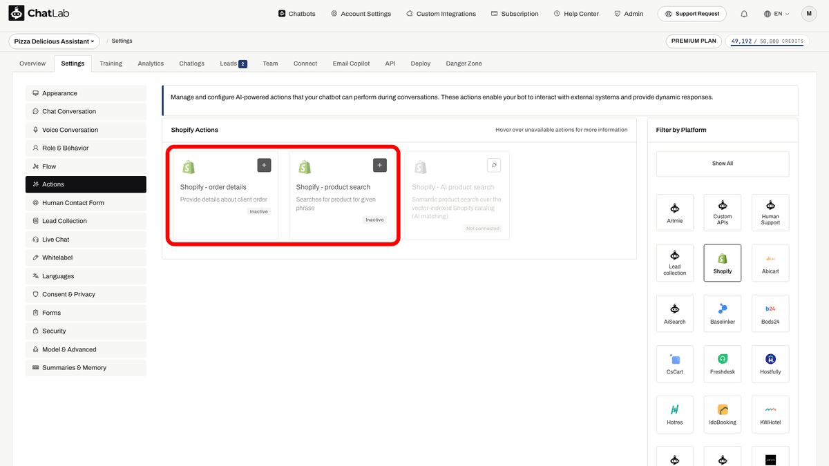 Shopify actions in Settings showing product search and order details