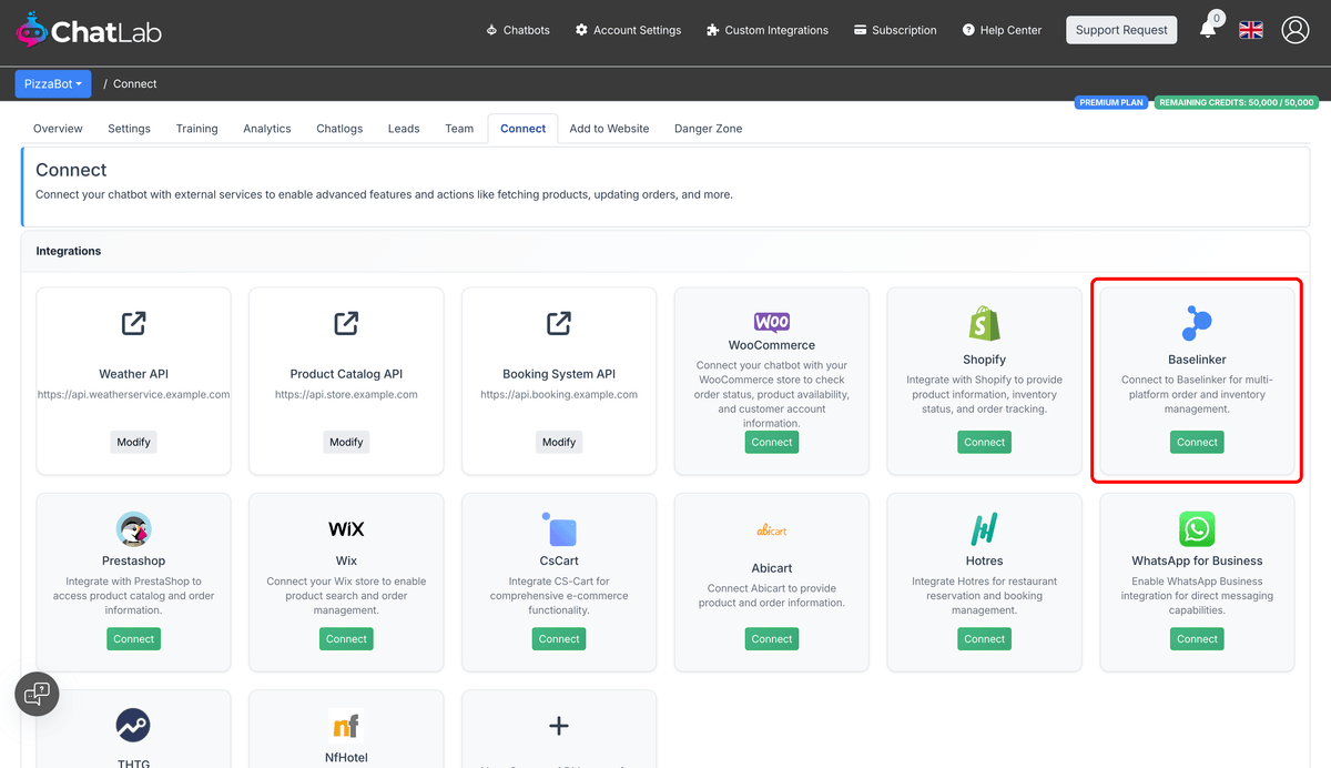 Connect tab showing the BaseLinker integration tile