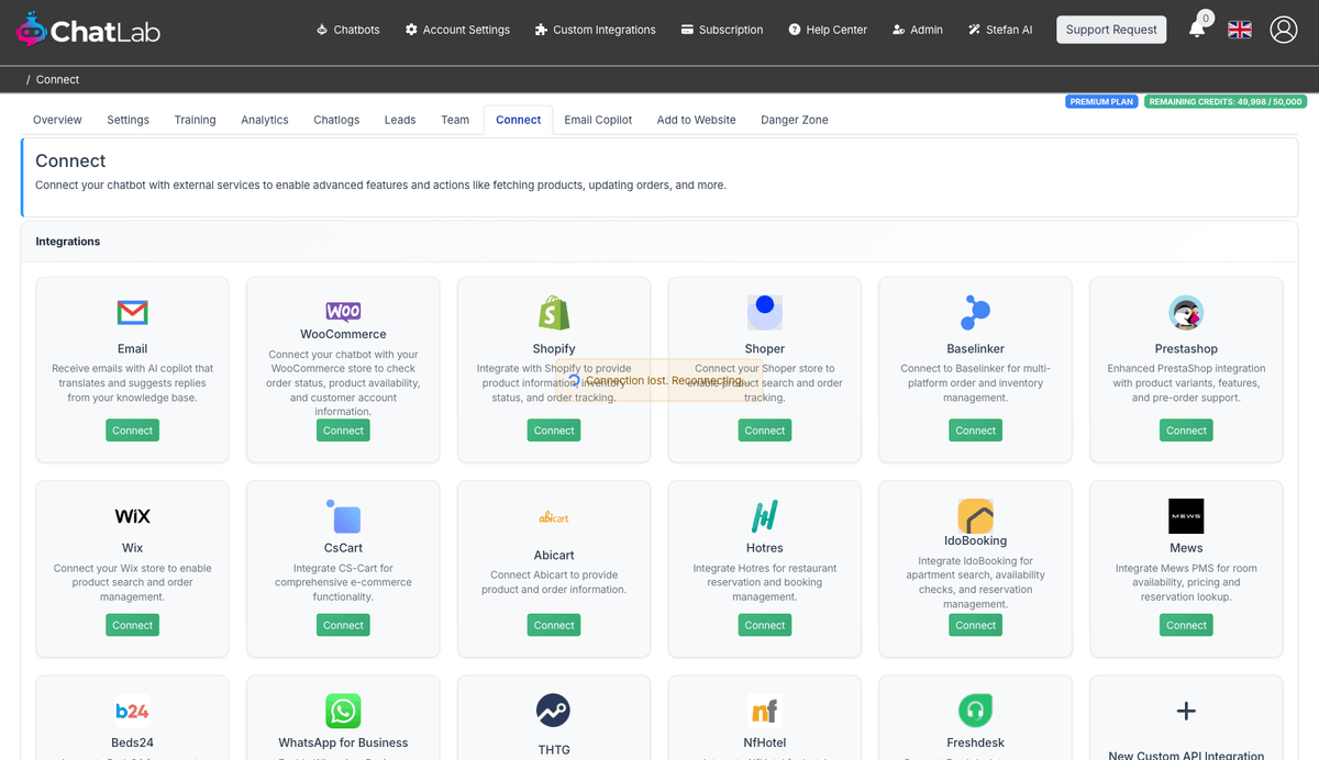 Connect tab showing e-commerce integrations