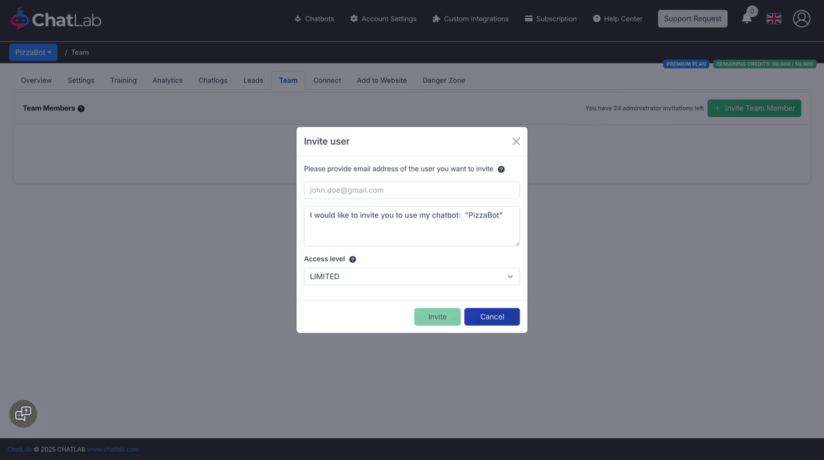 Empty invitation modal with email and access level fields