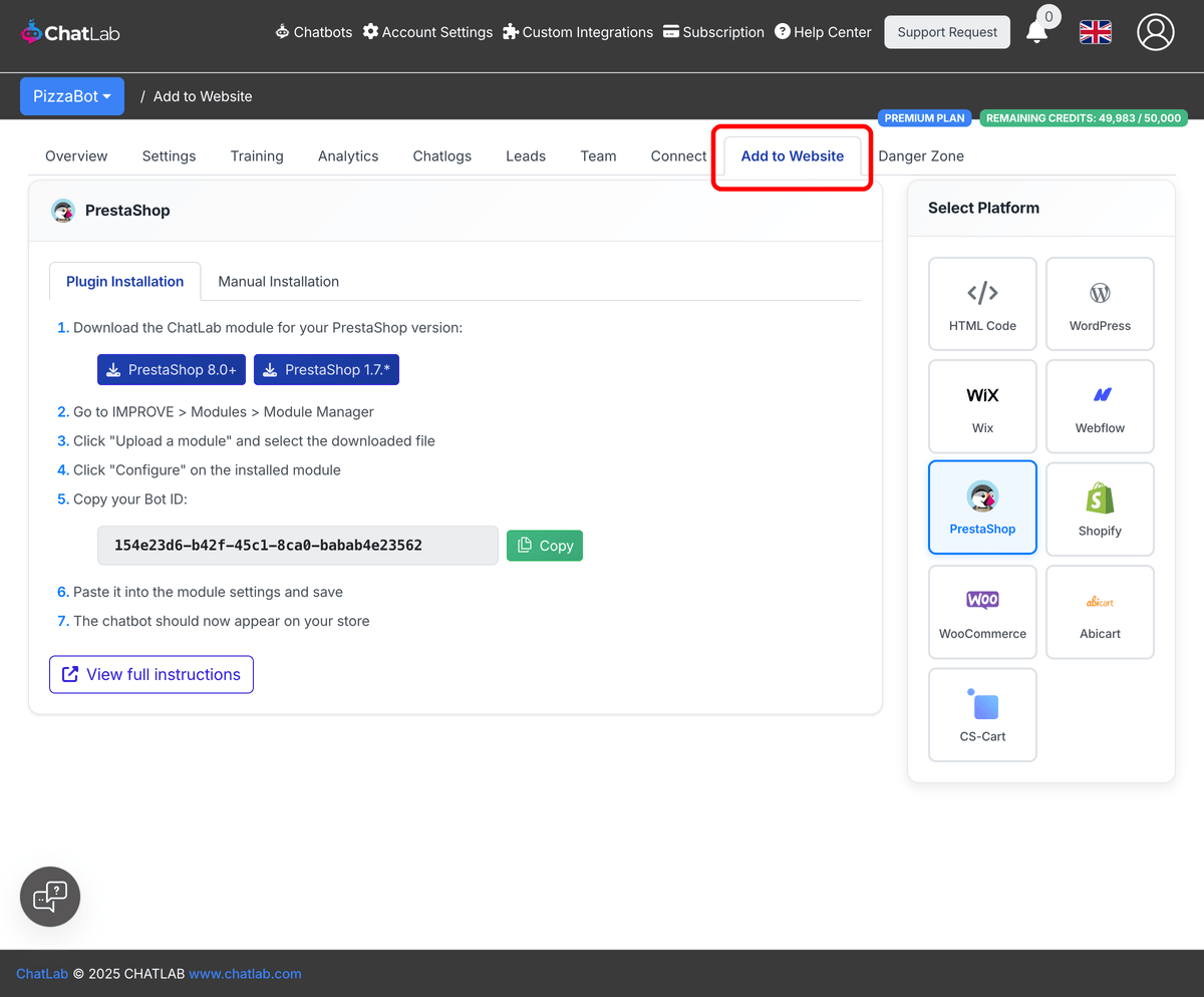 Add to Website tab highlighted