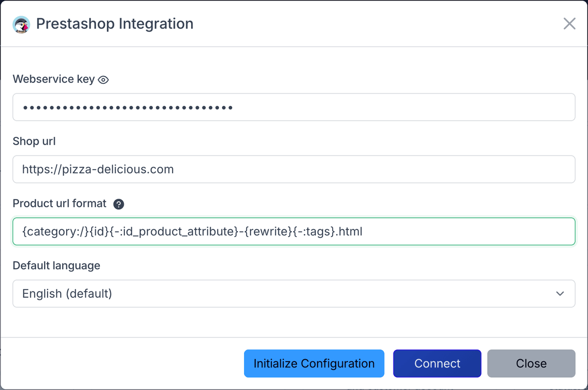 PrestaShop integration form with webservice key, shop URL, product URL format, and default language