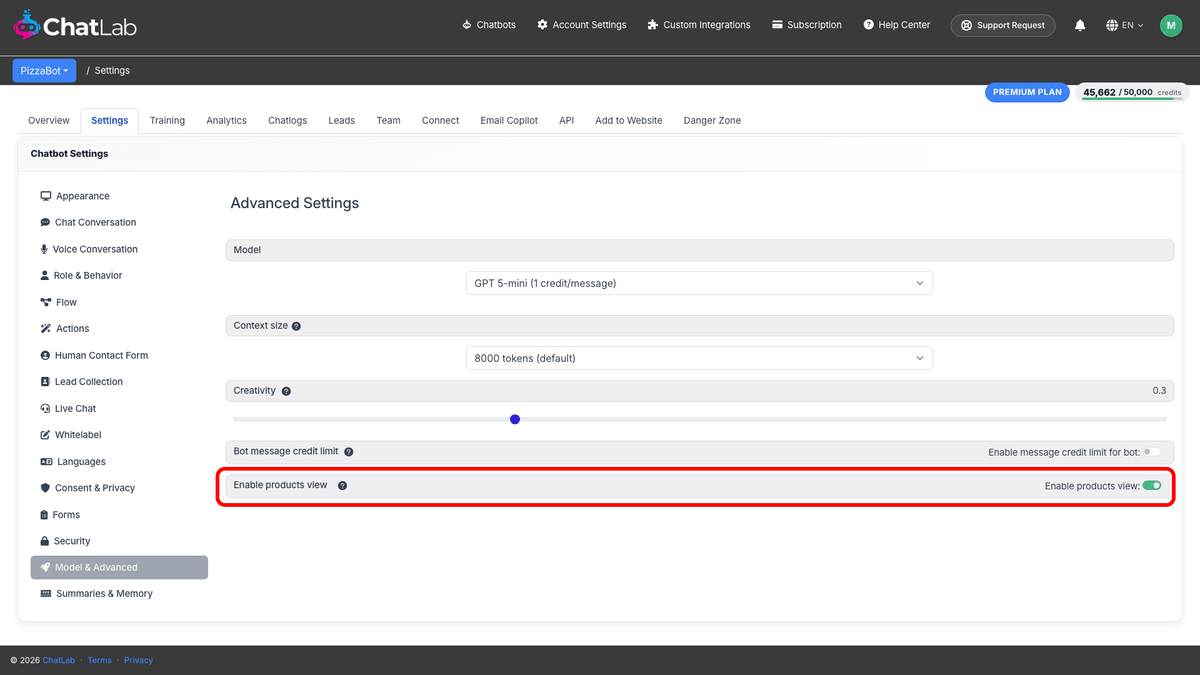 Enable products view toggle in Model and Advanced settings