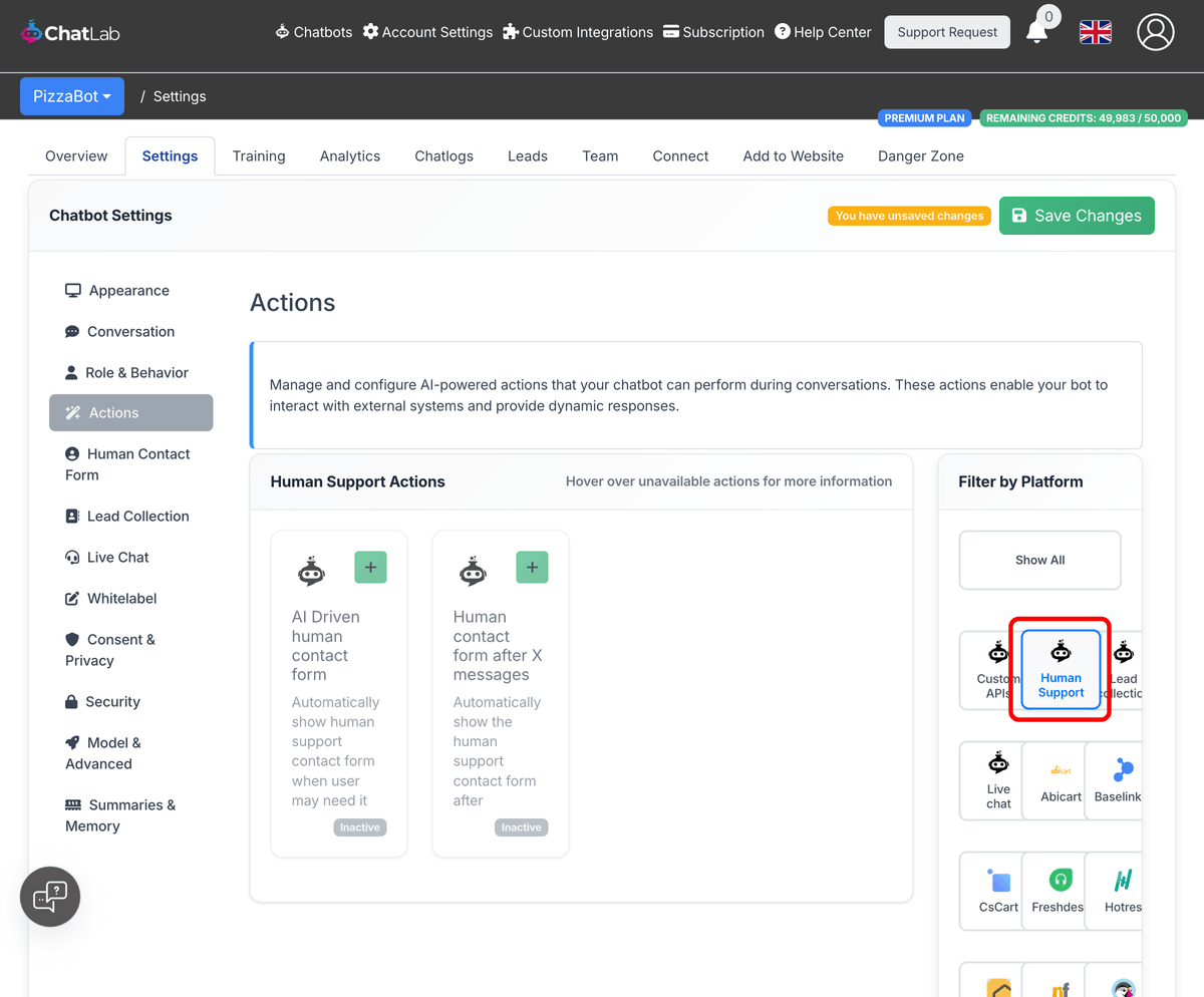 Human Support actions in the Actions panel