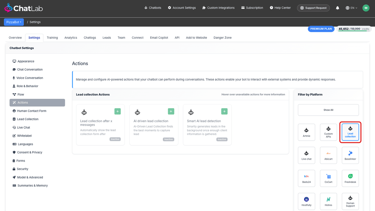 Actions page filtered by Lead collection with the filter tile highlighted
