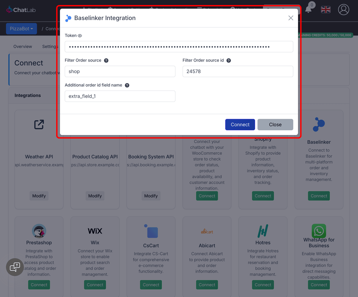 BaseLinker integration form with token and filter fields