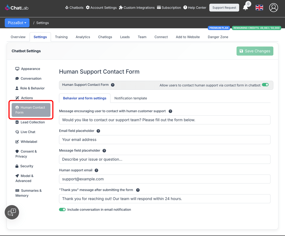Human Contact Form settings page