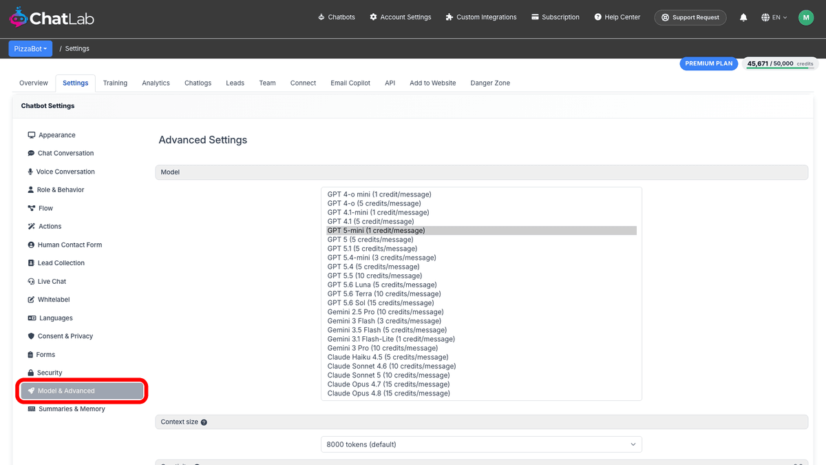 Model dropdown in Model & Advanced settings