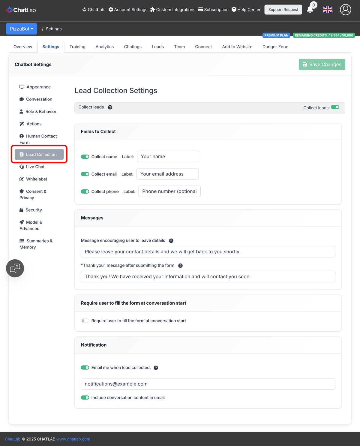 Lead Collection settings page
