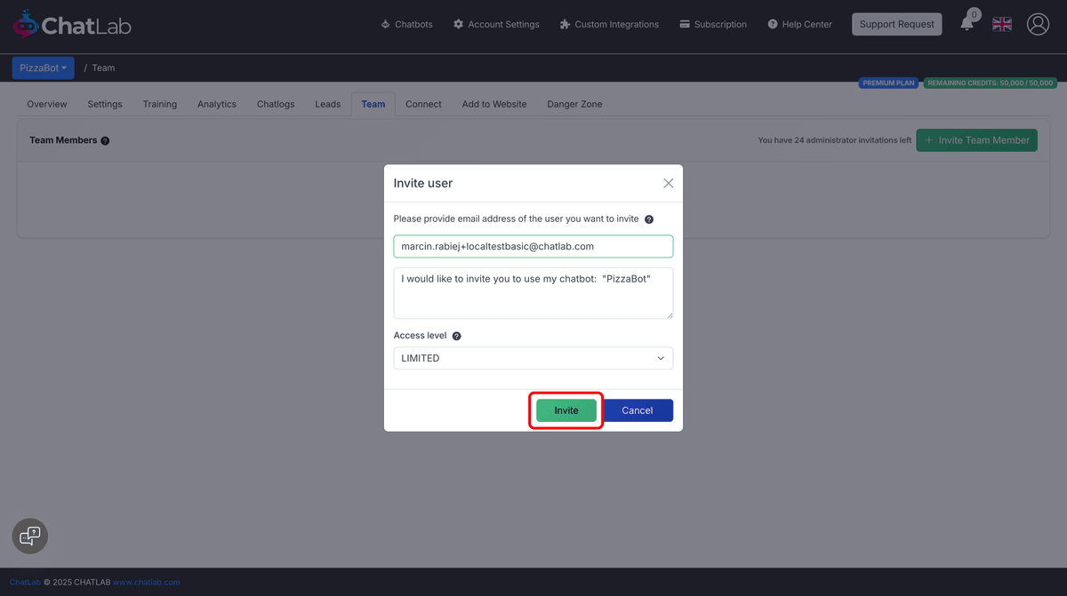 Invitation modal filled with email and access level selected