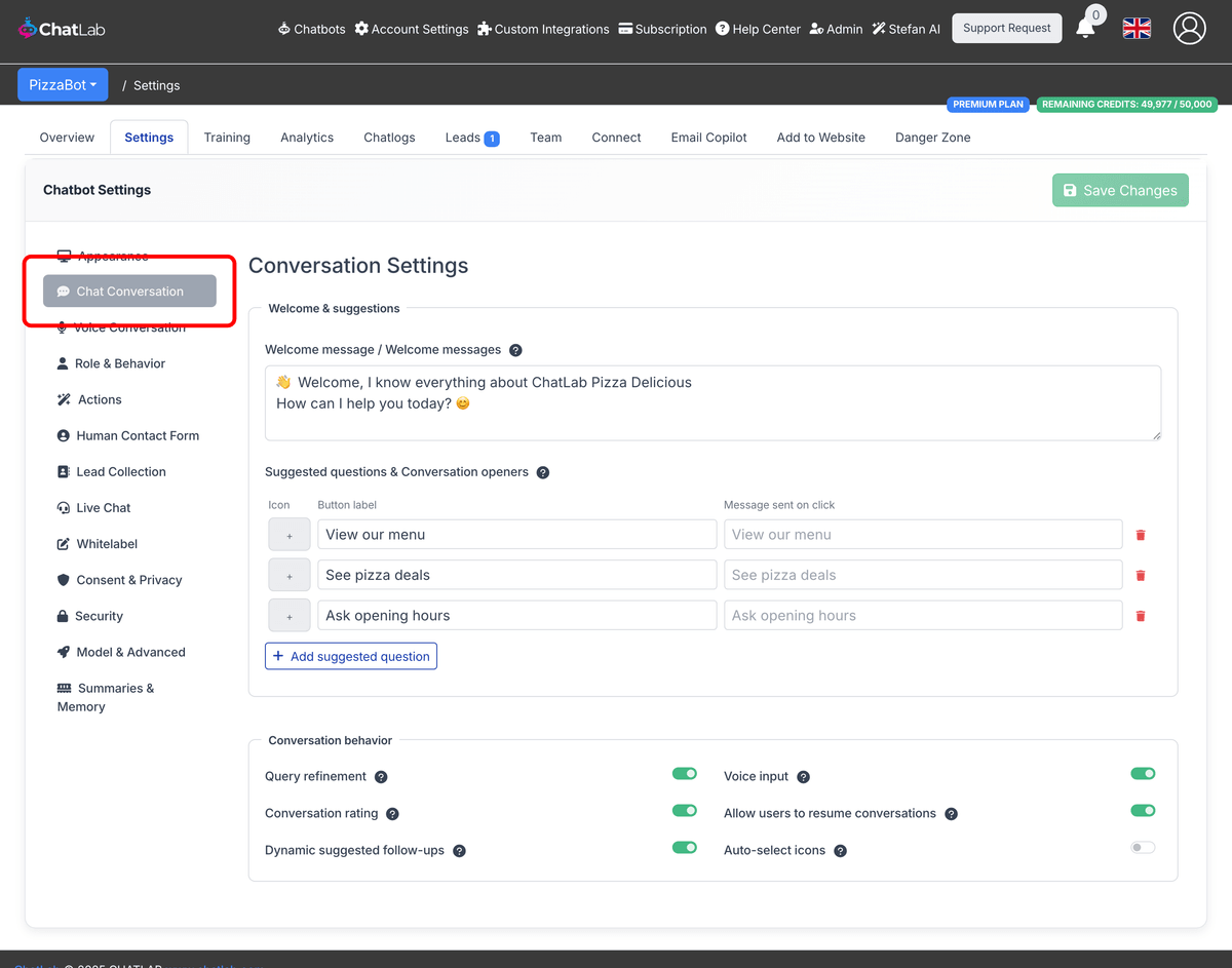 Chat Conversation settings navigation