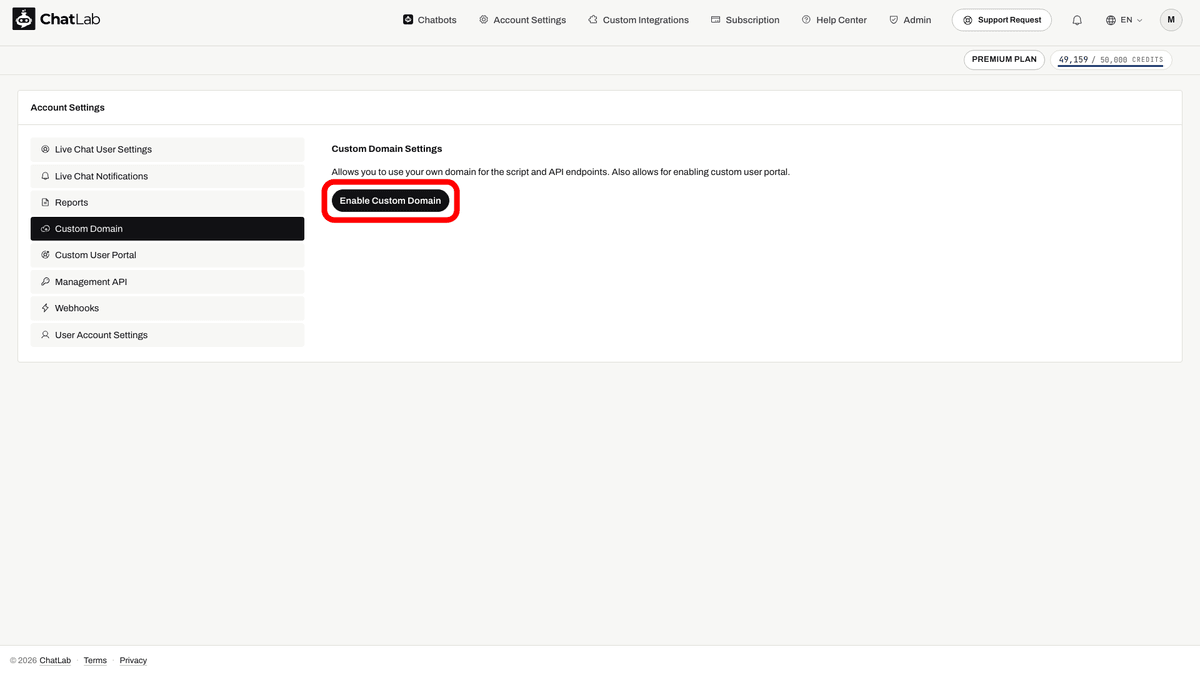 Enable Custom Domain button
