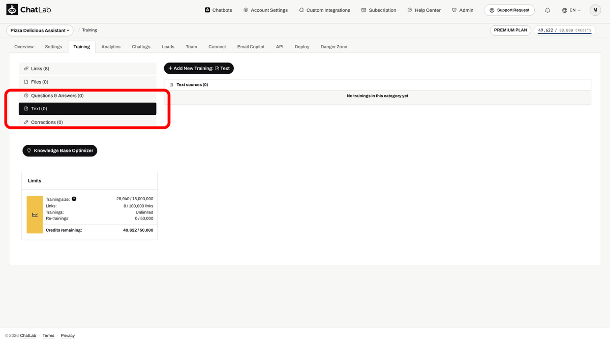 Text sidebar in Training tab