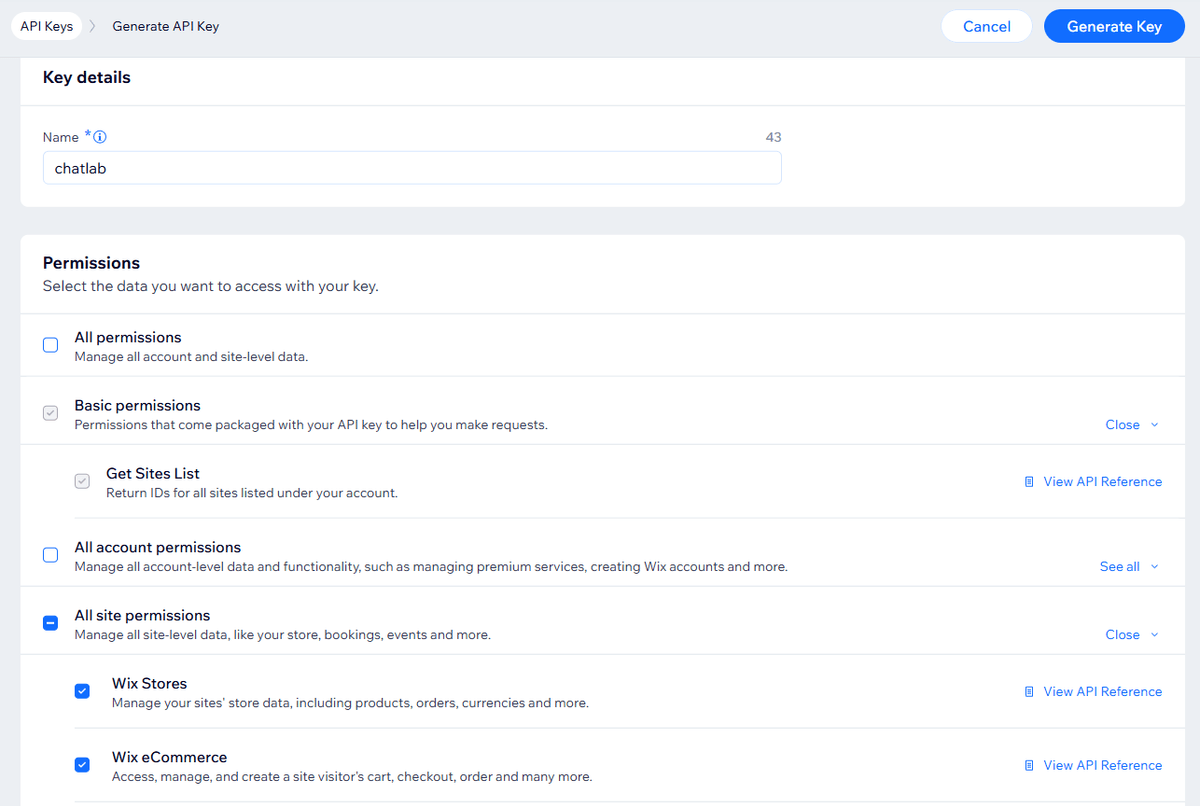 API key creation form showing name field and required permissions