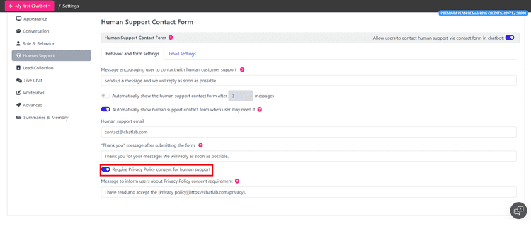 Privacy policy info in the lead collection form