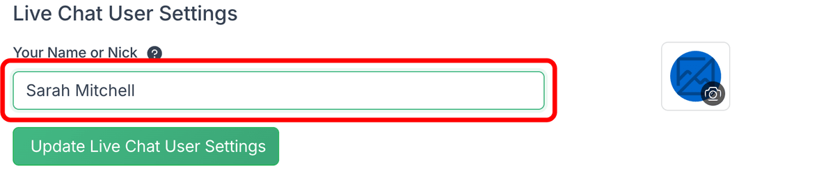 Live Chat User Settings with name field highlighted