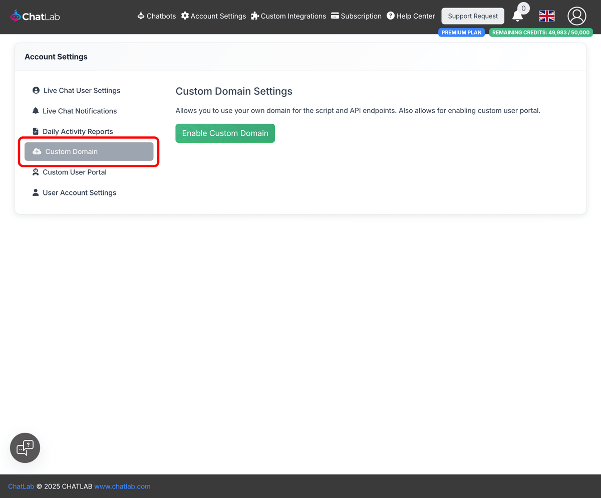 Account Settings with Custom Domain tab highlighted