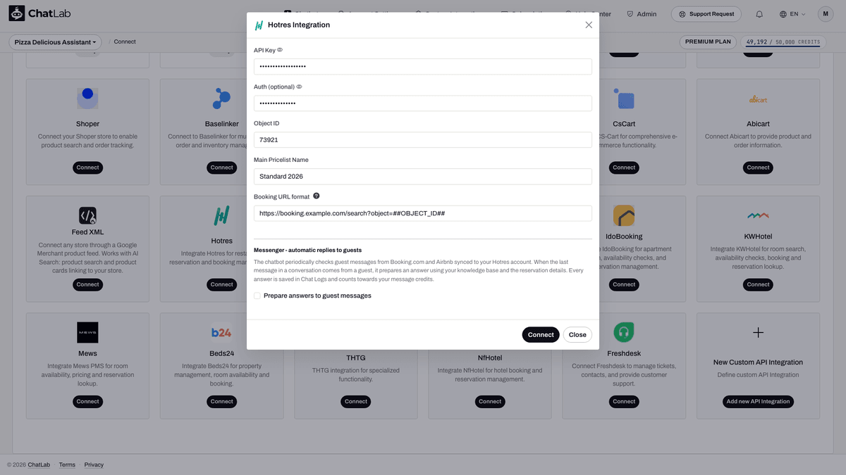 Hotres integration form with connection details