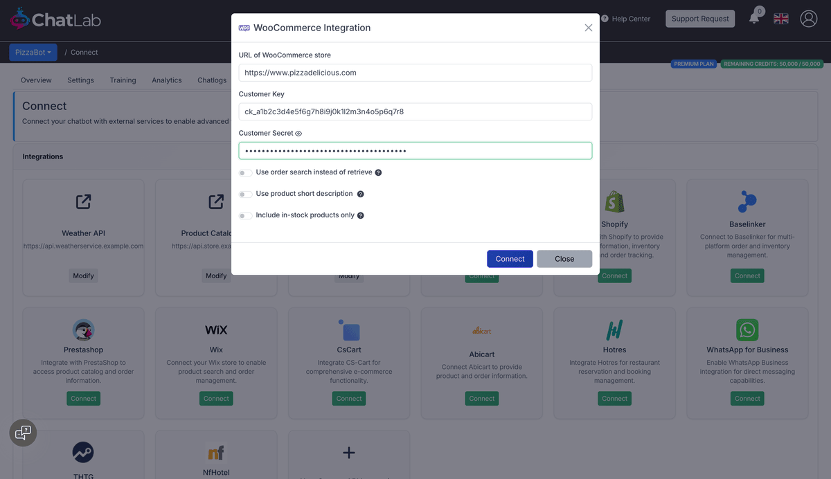 WooCommerce integration form with store URL, key, and secret fields