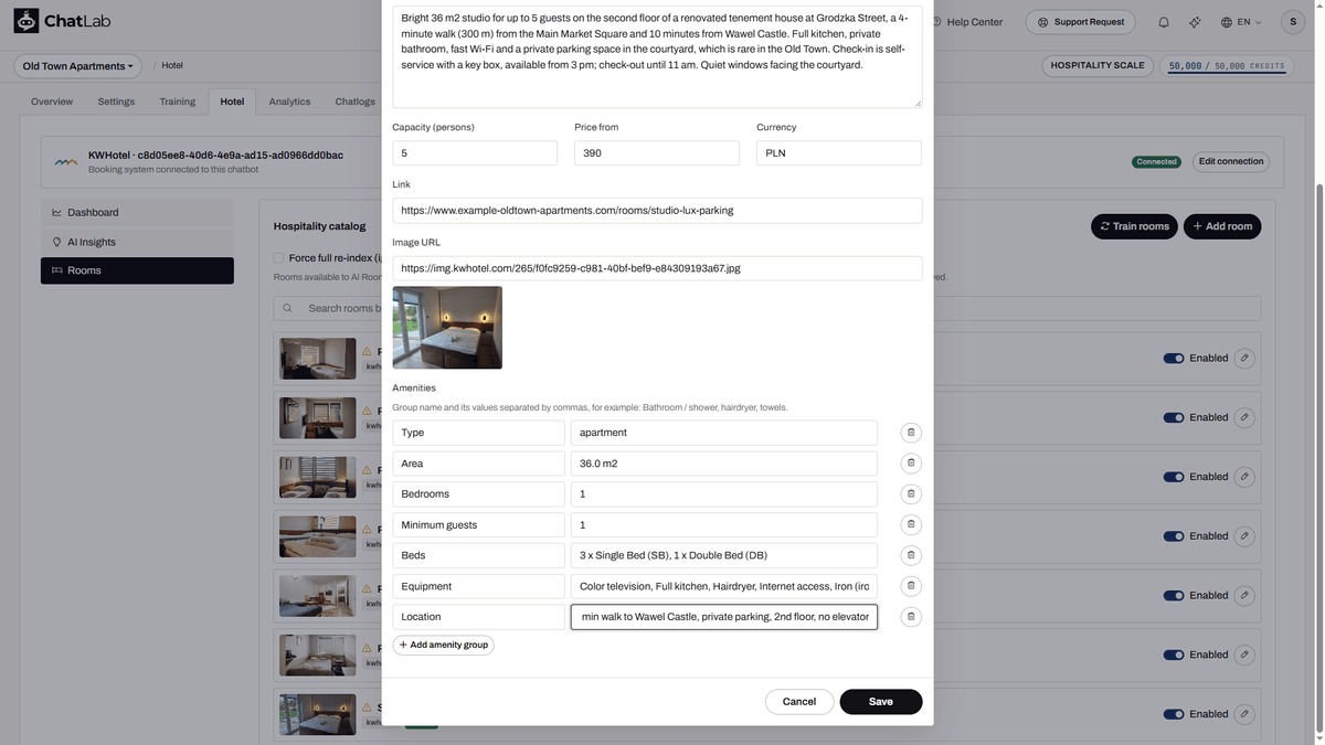 Sekce Amenities s přidanou skupinou Location a tlačítkem Save