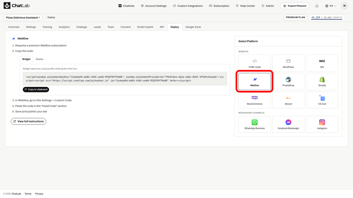 Tab Deploy mit ausgewähltem Webflow